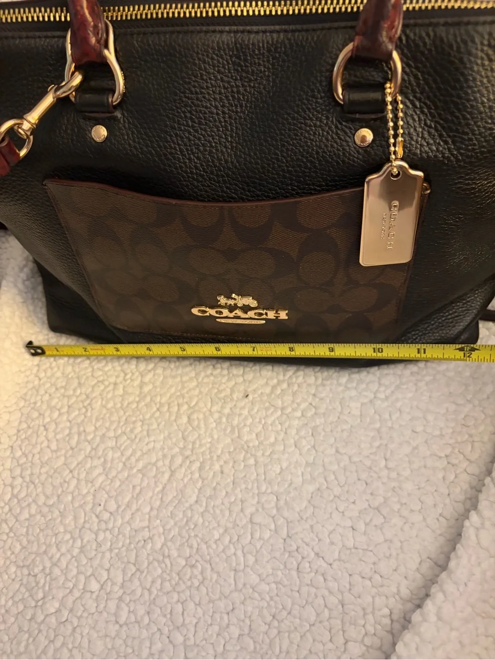 Coach Black Leather Satchel with Brown Signature Pocket and Burgundy Trim